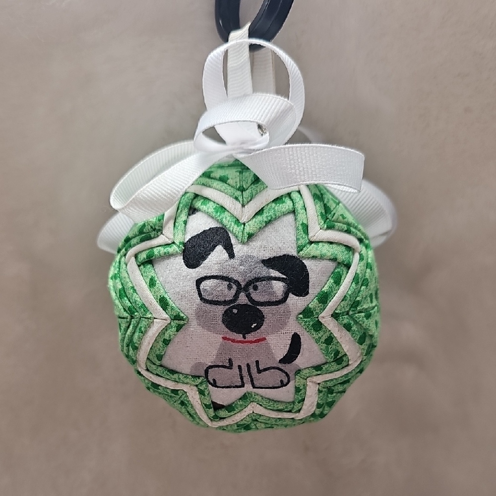 Dog with Glasses Green Quilted Handmade Fabric Ornament. 3½" x 3½"